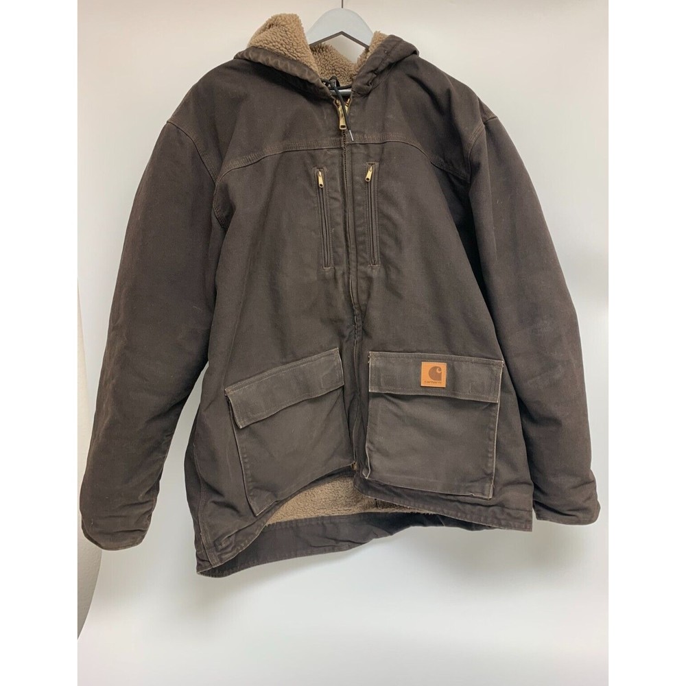 Carhartt Sandstone Jackson Coat C95 Canvas Sherpa Lined Brown Hooded Mens XL